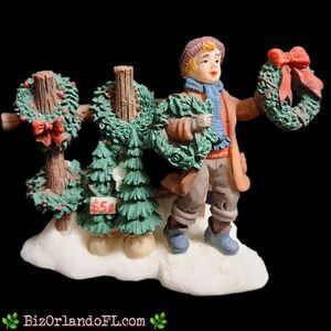 VINTAGE: O'Well Christmas Village Miniature Boy Selling Wreaths & Trees Figurine